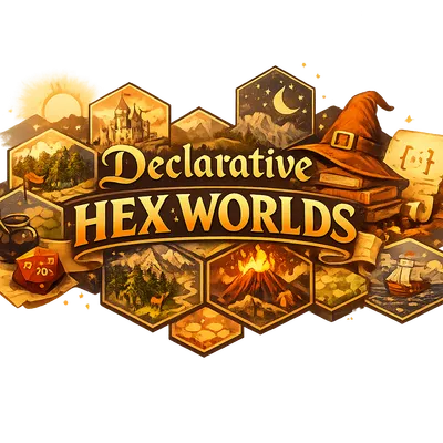 A scroll, a wizard's hat, and seven illustrated hex tiles arranged around the words "Declarative Hex Worlds"